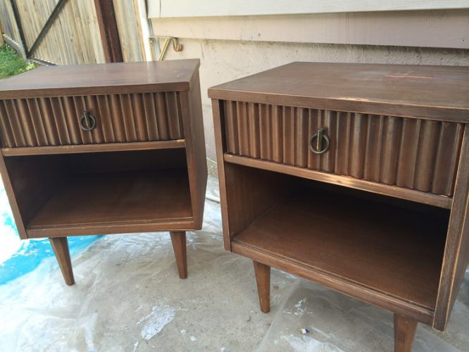 Vintage nightstands get a pop of color with pink and fabric