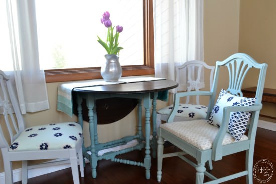 How to reupholster dining chairs | Painted and Reupholstered dining chairs | Turquoise, navy blue, gray chairs