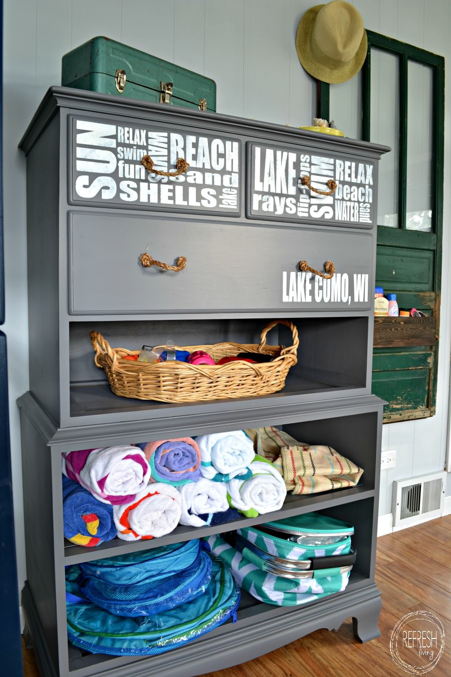 Refinished Dresser without Drawers into Beach Storage Refresh Living