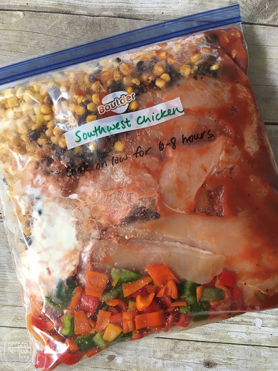 10 crock pot freezer meals with printable shopping list -13 Southweast chicken crock pot recipe is easy and delicious. It can even be frozen for a busy weeknight.