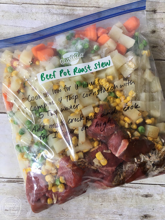 10 crock pot freezer meals with printable shopping list -2 This beef pot roast stew crock pot recipe is easy and delicious. It can even be frozen for a busy weeknight.