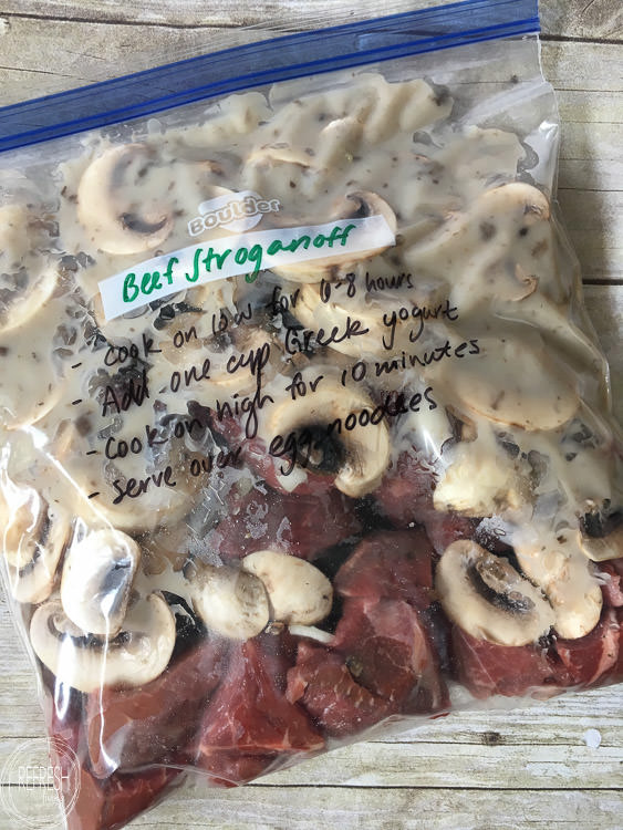 10 crock pot freezer meals with printable shopping list -4 This beef stroganoff crock pot recipe is easy and delicious. It can even be frozen for a busy weeknight.