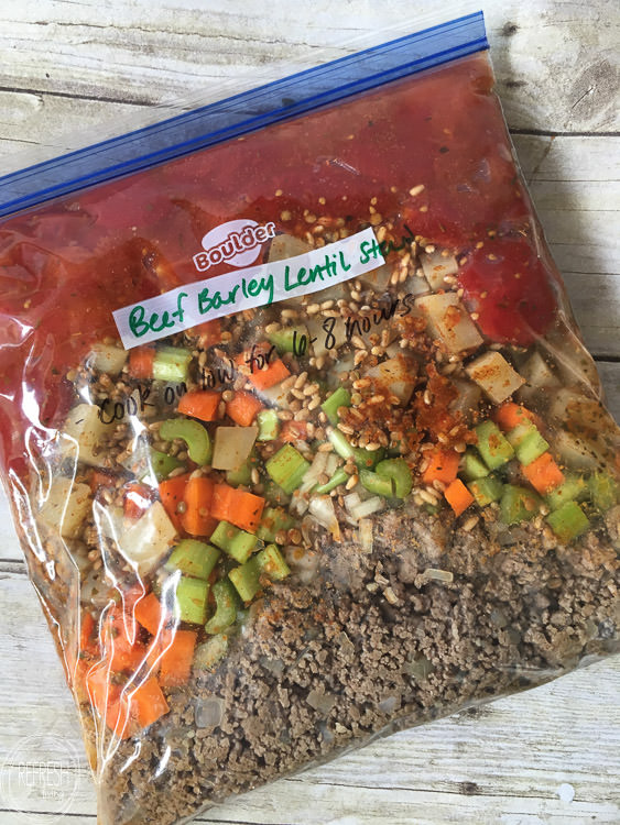 10 crock pot freezer meals with printable shopping list -5 This beef barley and lentil soup crock pot recipe is easy and delicious. It can even be frozen for a busy weeknight.