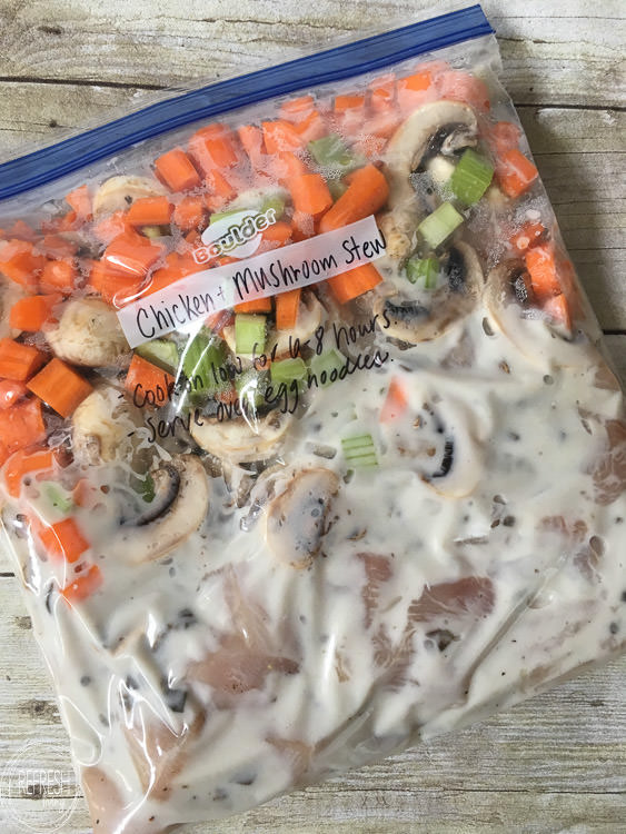 10 crock pot freezer meals with printable shopping list -8 This Chicken and Mushroom Stew crock pot recipe is easy and delicious. It can even be frozen for a busy weeknight.